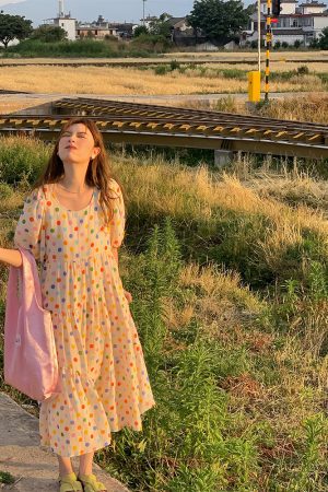 Bubble Neon Polka Dot Linen Dress for Women - Summer Puff Sleeve Long Skirt, Vintage Style Dopamine Outfit