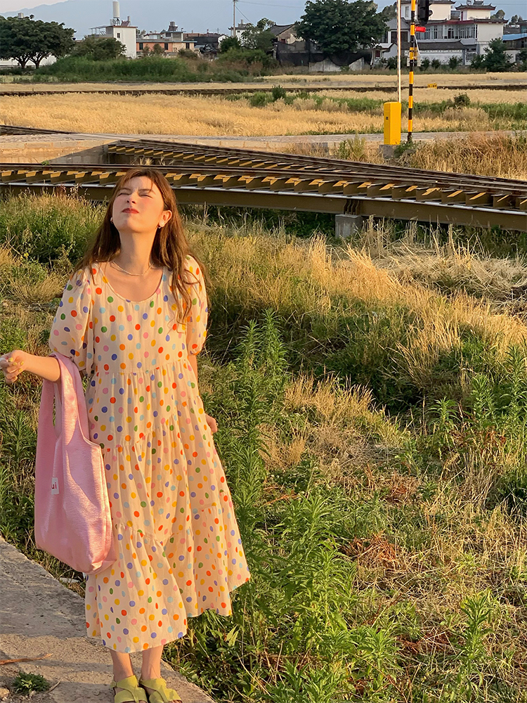 Bubble Neon Polka Dot Linen Dress for Women - Summer Puff Sleeve Long Skirt, Vintage Style Dopamine Outfit Bubble Neon Polka Dot Linen Dress for Women - Summer Puff Sleeve Long Skirt, Vintage Style Dopamine Outfit