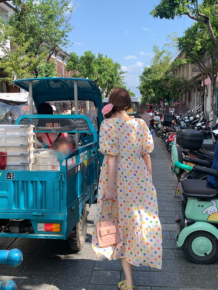 Bubble Neon Polka Dot Linen Dress for Women - Summer Puff Sleeve Long Skirt, Vintage Style Dopamine Outfit Bubble Neon Polka Dot Linen Dress for Women - Summer Puff Sleeve Long Skirt, Vintage Style Dopamine Outfit