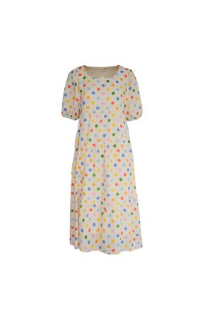 Bubble Neon Polka Dot Linen Dress for Women - Summer Puff Sleeve Long Skirt, Vintage Style Dopamine Outfit