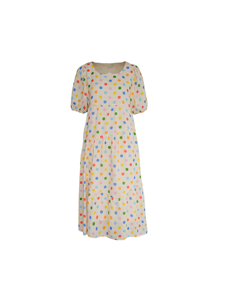Bubble Neon Polka Dot Linen Dress for Women - Summer Puff Sleeve Long Skirt, Vintage Style Dopamine Outfit Bubble Neon Polka Dot Linen Dress for Women - Summer Puff Sleeve Long Skirt, Vintage Style Dopamine Outfit