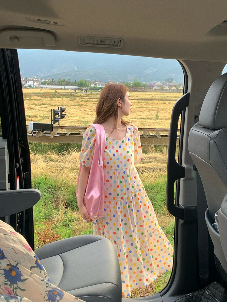 Bubble Neon Polka Dot Linen Dress for Women - Summer Puff Sleeve Long Skirt, Vintage Style Dopamine Outfit Bubble Neon Polka Dot Linen Dress for Women - Summer Puff Sleeve Long Skirt, Vintage Style Dopamine Outfit