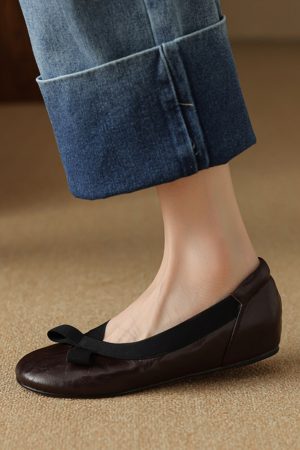 Burgundy Lambskin Ballet Flats for Women - Soft Bottom, Hidden Height, Summer Style, Large Size 41-42, Comfortable Fashion Footwear