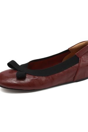 Burgundy Lambskin Ballet Flats for Women - Soft Bottom, Hidden Height, Summer Style, Large Size 41-42, Comfortable Fashion Footwear
