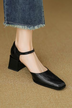 Burgundy Sheepskin High Heeled Chunky Heel Sandals for Women - Square Toe Hollow One-Strap Closed-Toe Style for Summer 2025