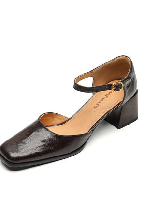 Burgundy Sheepskin High Heeled Chunky Heel Sandals for Women - Square Toe Hollow One-Strap Closed-Toe Style for Summer 2025