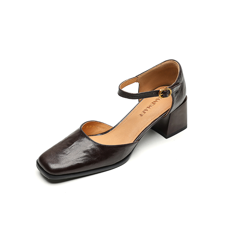 Burgundy Sheepskin High Heeled Chunky Heel Sandals for Women - Square Toe Hollow One-Strap Closed-Toe Style for Summer 2025 Burgundy Sheepskin High Heeled Chunky Heel Sandals for Women - Square Toe Hollow One-Strap Closed-Toe Style for Summer 2025