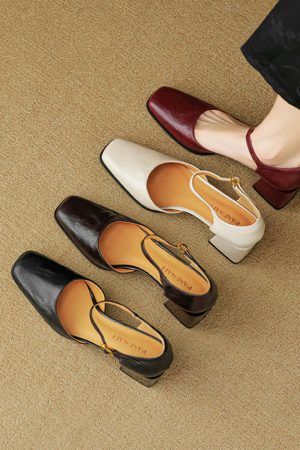 Burgundy Sheepskin High Heeled Chunky Heel Sandals for Women - Square Toe Hollow One-Strap Closed-Toe Style for Summer 2025