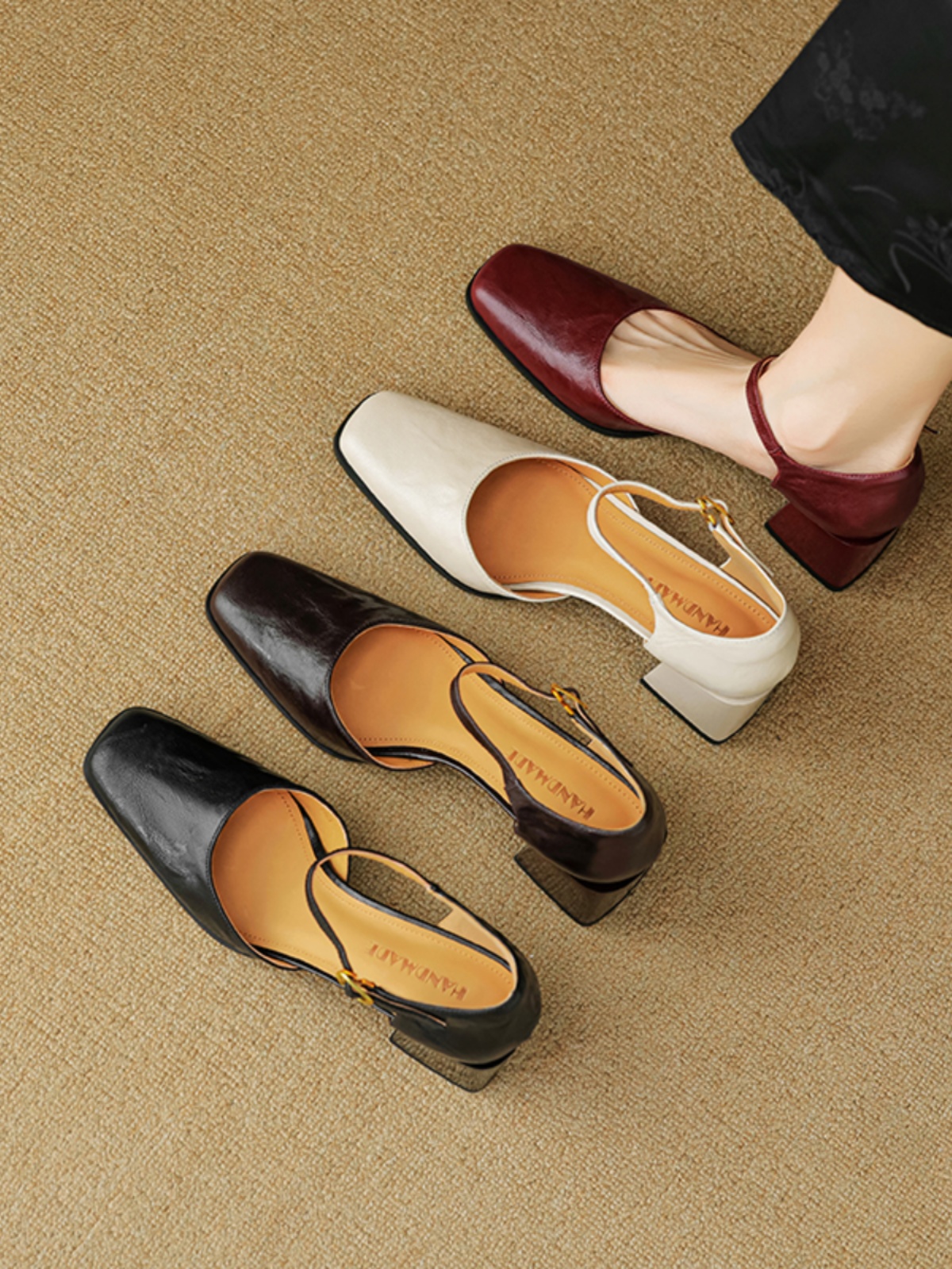 Burgundy Sheepskin High Heeled Chunky Heel Sandals for Women - Square Toe Hollow One-Strap Closed-Toe Style for Summer 2025 Burgundy Sheepskin High Heeled Chunky Heel Sandals for Women - Square Toe Hollow One-Strap Closed-Toe Style for Summer 2025