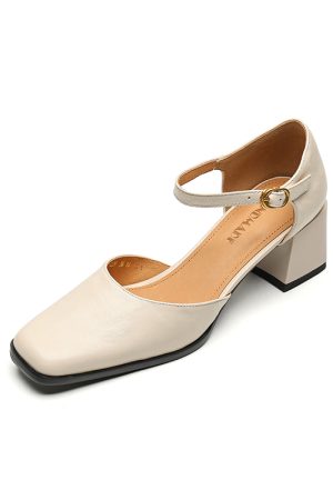 Burgundy Sheepskin High Heeled Chunky Heel Sandals for Women - Square Toe Hollow One-Strap Closed-Toe Style for Summer 2025