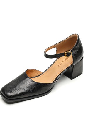 Burgundy Sheepskin High Heeled Chunky Heel Sandals for Women - Square Toe Hollow One-Strap Closed-Toe Style for Summer 2025