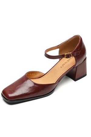 Burgundy Sheepskin High Heeled Chunky Heel Sandals for Women - Square Toe Hollow One-Strap Closed-Toe Style for Summer 2025