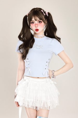 Butterfly Embroidery Tie-Up Shoulder Cropped Short Sleeve T-Shirt for Women â€“ Summer Fitted Top, Sweet and Spicy Style