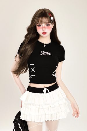 Butterfly Embroidery Tie-Up Shoulder Cropped Short Sleeve T-Shirt for Women â€“ Summer Fitted Top, Sweet and Spicy Style