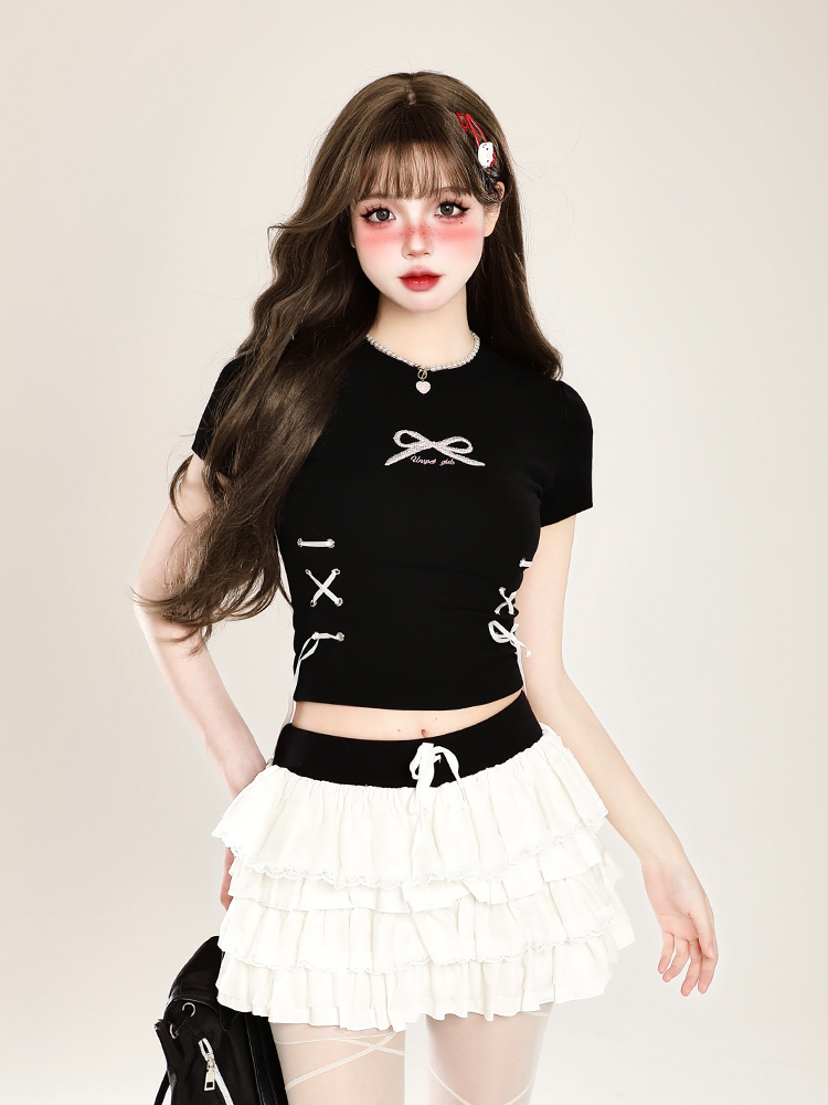 Butterfly Embroidery Tie-Up Shoulder Cropped Short Sleeve T-Shirt for Women – Summer Fitted Top, Sweet and Spicy Style Butterfly Embroidery Tie-Up Shoulder Cropped Short Sleeve T-Shirt for Women – Summer Fitted Top, Sweet and Spicy Style