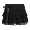 Butterfly Knot Strap Low-Waist Lace Hem Half Skirt - Double-Layer Pleated A-Line Short Skirt for JK Girl Style, Little Black Skirt