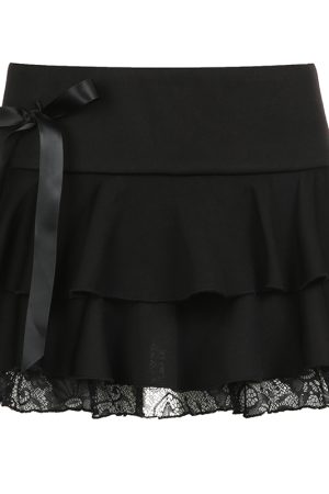 Butterfly Knot Strap Low-Waist Lace Hem Half Skirt - Double-Layer Pleated A-Line Short Skirt for JK Girl Style, Little Black Skirt