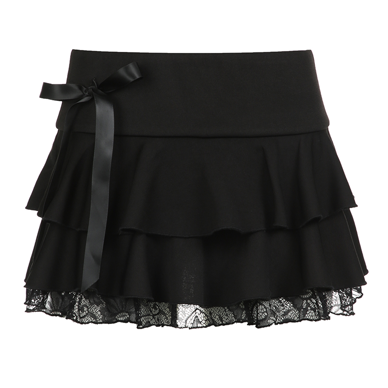 Butterfly Knot Strap Low-Waist Lace Hem Half Skirt - Double-Layer Pleated A-Line Short Skirt for JK Girl Style, Little Black Skirt Butterfly Knot Strap Low-Waist Lace Hem Half Skirt - Double-Layer Pleated A-Line Short Skirt for JK Girl Style, Little Black Skirt