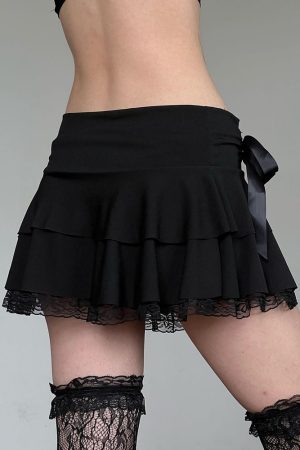 Butterfly Knot Strap Low-Waist Lace Hem Half Skirt - Double-Layer Pleated A-Line Short Skirt for JK Girl Style, Little Black Skirt