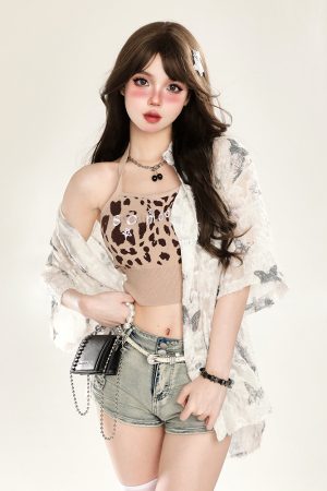 Butterfly Print Short Sleeve Shirt for Women - Summer Sun Protection Loose Cardigan Top