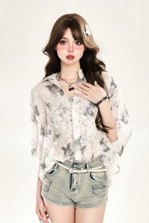 Butterfly Print Short Sleeve Shirt for Women - Summer Sun Protection Loose Cardigan Top