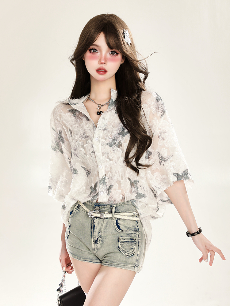 Butterfly Print Short Sleeve Shirt for Women - Summer Sun Protection Loose Cardigan Top Butterfly Print Short Sleeve Shirt for Women - Summer Sun Protection Loose Cardigan Top