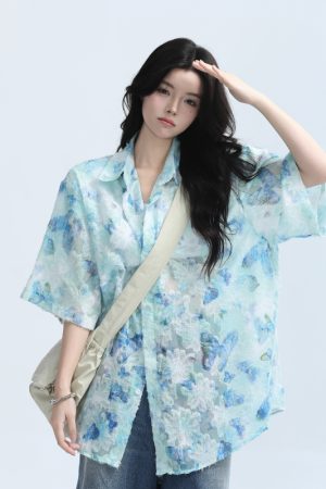 Butterfly Print Short Sleeve Shirt for Women, Lightweight & Sheer, Loose Fit, Summer Fashion, Sun Protection, Trendy Casual Top