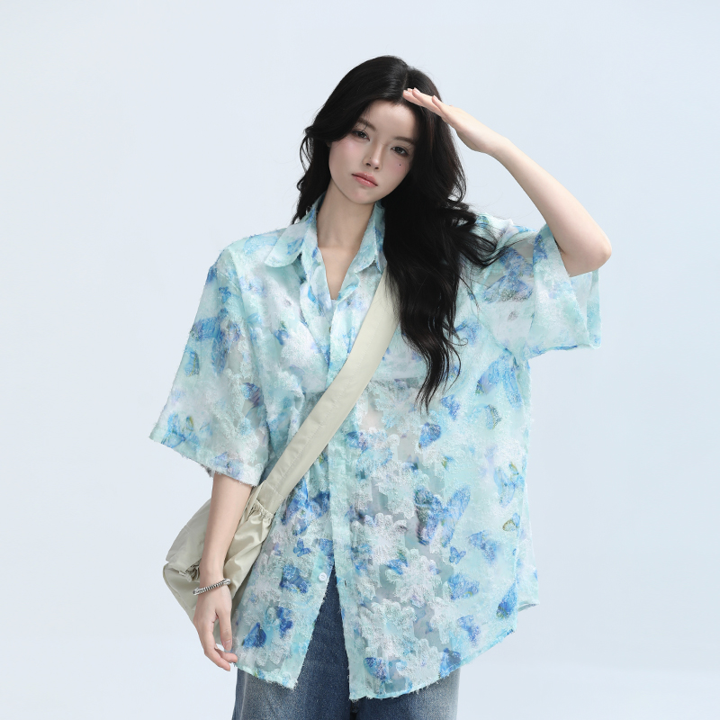 Butterfly Print Short Sleeve Shirt for Women, Lightweight & Sheer, Loose Fit, Summer Fashion, Sun Protection, Trendy Casual Top Butterfly Print Short Sleeve Shirt for Women, Lightweight & Sheer, Loose Fit, Summer Fashion, Sun Protection, Trendy Casual Top
