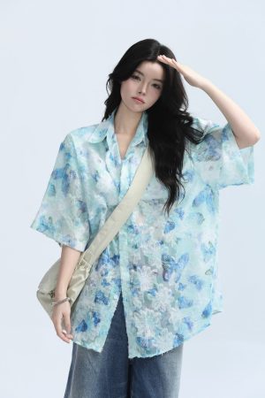 Butterfly Print Short Sleeve Shirt for Women, Lightweight & Sheer, Loose Fit, Summer Fashion, Sun Protection, Trendy Casual Top