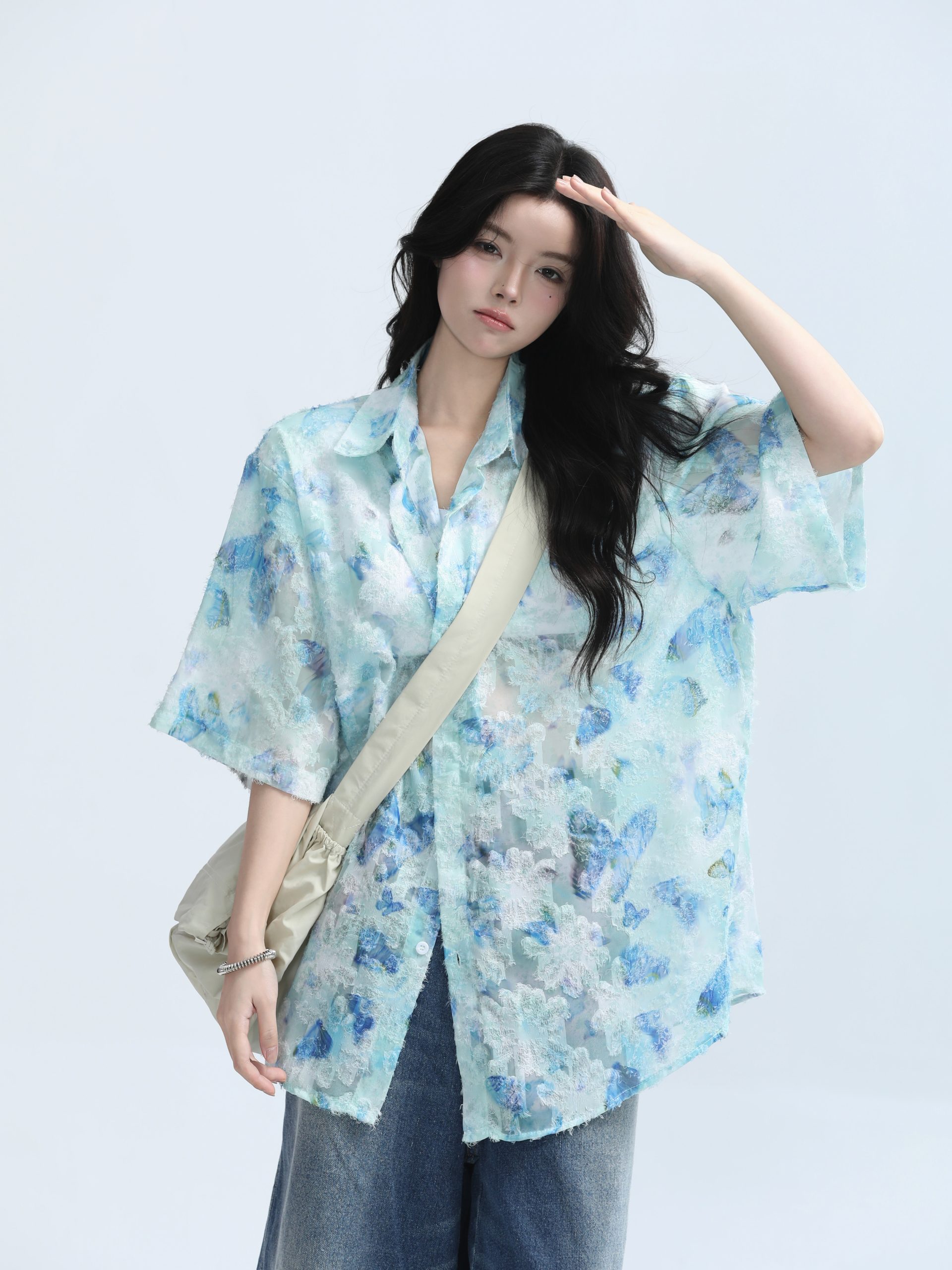 Butterfly Print Short Sleeve Shirt for Women, Lightweight & Sheer, Loose Fit, Summer Fashion, Sun Protection, Trendy Casual Top Butterfly Print Short Sleeve Shirt for Women, Lightweight & Sheer, Loose Fit, Summer Fashion, Sun Protection, Trendy Casual Top