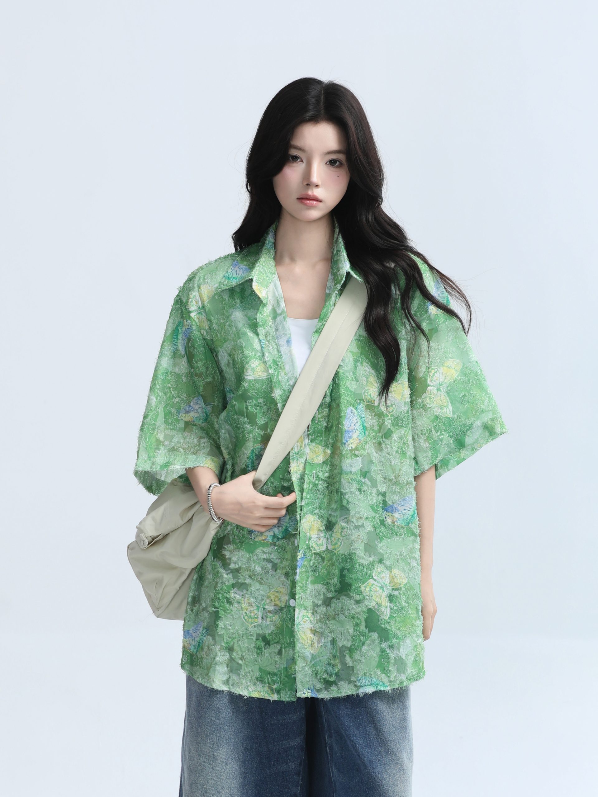 Butterfly Print Short Sleeve Shirt for Women, Lightweight & Sheer, Loose Fit, Summer Fashion, Sun Protection, Trendy Casual Top Butterfly Print Short Sleeve Shirt for Women, Lightweight & Sheer, Loose Fit, Summer Fashion, Sun Protection, Trendy Casual Top