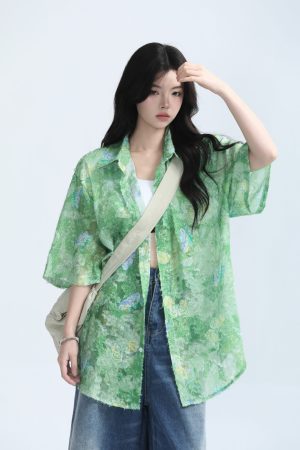 Butterfly Print Short Sleeve Shirt for Women, Lightweight & Sheer, Loose Fit, Summer Fashion, Sun Protection, Trendy Casual Top