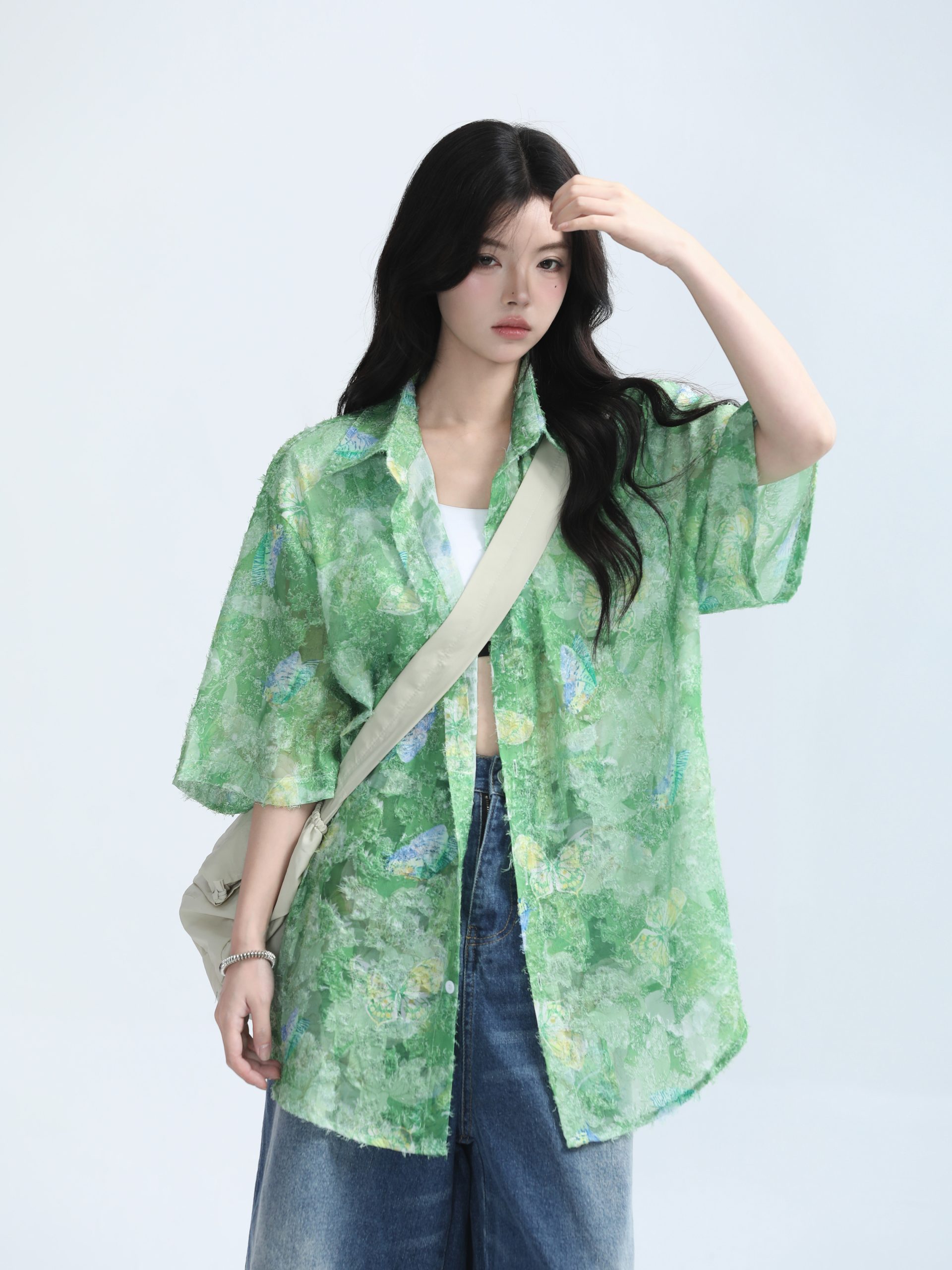 Butterfly Print Short Sleeve Shirt for Women, Lightweight & Sheer, Loose Fit, Summer Fashion, Sun Protection, Trendy Casual Top Butterfly Print Short Sleeve Shirt for Women, Lightweight & Sheer, Loose Fit, Summer Fashion, Sun Protection, Trendy Casual Top