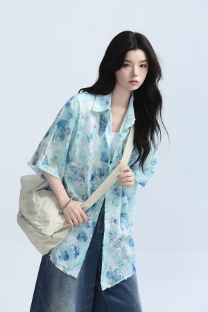 Butterfly Print Short Sleeve Shirt for Women, Lightweight & Sheer, Loose Fit, Summer Fashion, Sun Protection, Trendy Casual Top