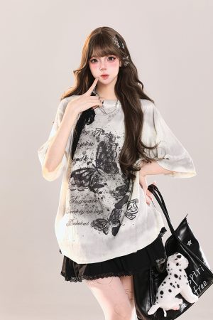 Butterfly Print Short Sleeve T-Shirt for Women - American Style Loose Sheer Summer Top, Spicy Girl OOTD Outfit