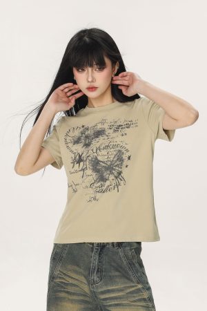 Butterfly Print Slim Fit Crop Top T-Shirt for Women – Summer Short Sleeve Casual Style, Y2K Aesthetic, Spicy Girl Fashion