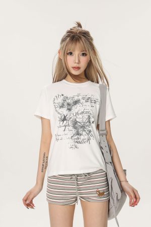 Butterfly Print Slim Fit Crop Top T-Shirt for Women â€“ Summer Short Sleeve Casual Style, Y2K Aesthetic, Spicy Girl Fashion