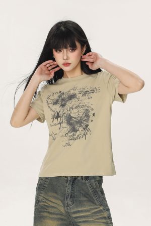 Butterfly Print Slim Fit Crop Top T-Shirt for Women – Summer Short Sleeve Casual Style, Y2K Aesthetic, Spicy Girl Fashion