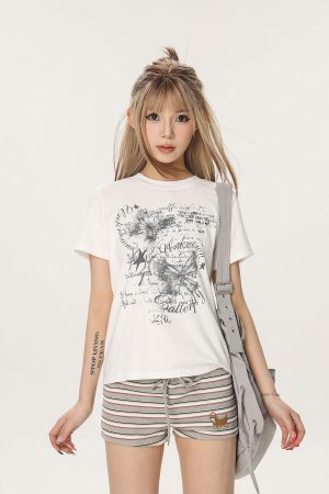 Butterfly Print Slim Fit Crop Top T-Shirt for Women â€“ Summer Short Sleeve Casual Style, Y2K Aesthetic, Spicy Girl Fashion