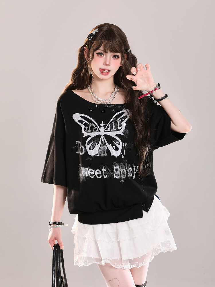 Butterfly Print Tie Shoulder Short-Sleeve T-Shirt for Women - American Style Loose Off-Shoulder Summer Top Butterfly Print Tie Shoulder Short-Sleeve T-Shirt for Women - American Style Loose Off-Shoulder Summer Top