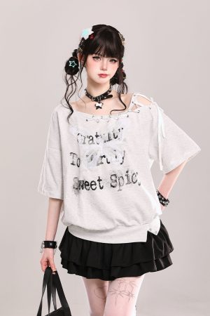 Butterfly Print Tie Shoulder Short-Sleeve T-Shirt for Women - American Style Loose Off-Shoulder Summer Top