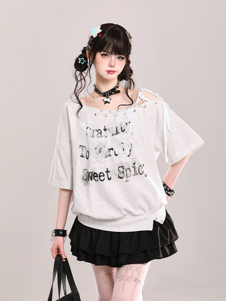 Butterfly Print Tie Shoulder Short-Sleeve T-Shirt for Women - American Style Loose Off-Shoulder Summer Top Butterfly Print Tie Shoulder Short-Sleeve T-Shirt for Women - American Style Loose Off-Shoulder Summer Top