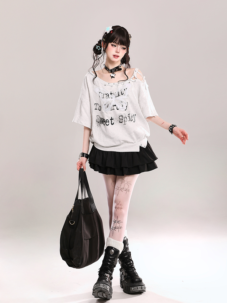 Butterfly Print Tie Shoulder Short-Sleeve T-Shirt for Women - American Style Loose Off-Shoulder Summer Top Butterfly Print Tie Shoulder Short-Sleeve T-Shirt for Women - American Style Loose Off-Shoulder Summer Top