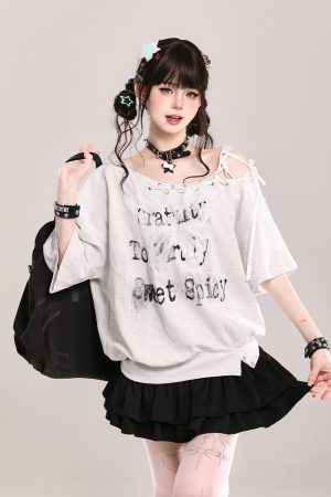Butterfly Print Tie Shoulder Short-Sleeve T-Shirt for Women - American Style Loose Off-Shoulder Summer Top