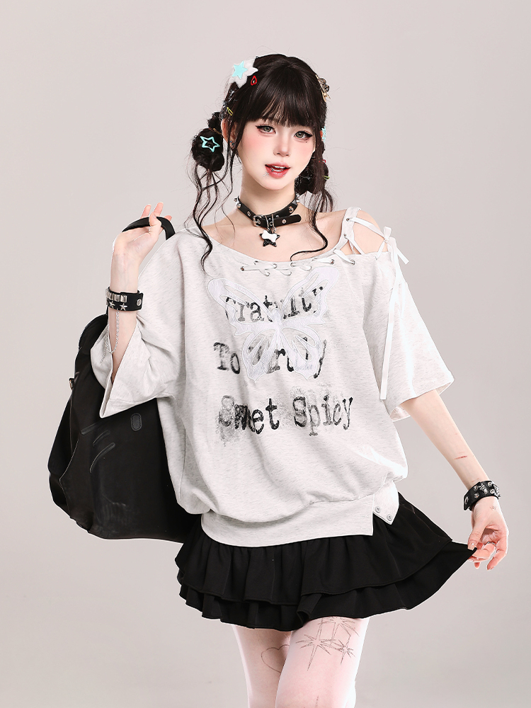 Butterfly Print Tie Shoulder Short-Sleeve T-Shirt for Women - American Style Loose Off-Shoulder Summer Top Butterfly Print Tie Shoulder Short-Sleeve T-Shirt for Women - American Style Loose Off-Shoulder Summer Top