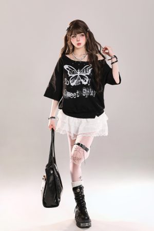 Butterfly Print Tie Shoulder Short-Sleeve T-Shirt for Women - American Style Loose Off-Shoulder Summer Top