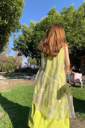 Butterfly Spirit Flower Embroidered Sleeveless Summer Dress for Women - Vintage Loose Layered Vacation Tank Dress