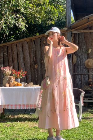 Butterfly Spirit Flower Embroidered Sleeveless Summer Dress for Women - Vintage Loose Layered Vacation Tank Dress