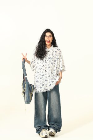 Butterfly Tassel Short Sleeve Shirt for Women - Trendy Loose Summer Blouse, 2025 Fashion, Y2K Style, Perfect for Summer Outfits