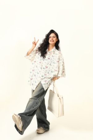 Butterfly Tassel Short Sleeve Shirt for Women - Trendy Loose Summer Blouse, 2025 Fashion, Y2K Style, Perfect for Summer Outfits